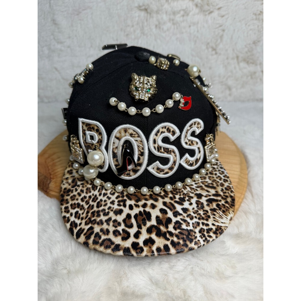 Custom Embellished BOSS Snapback Hat Leopard Print Brim Pearls Rhinestones Pins